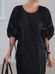 Dazy-Less Vestido midi reto vintage com cordão e decoração, roupa de escritório, casual, elegante, para viagem, de manga curta, jeans, para mulheres - Preto - Ver 3