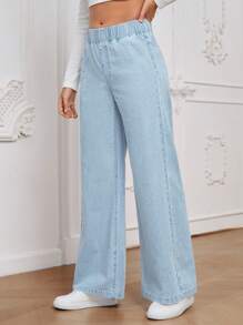 EMERY ROSE Women Loose High Waist Wide Leg Woven Casual All-Match Versatile Black Jeans, Suitable For All Seasons - Light Wash - View 4