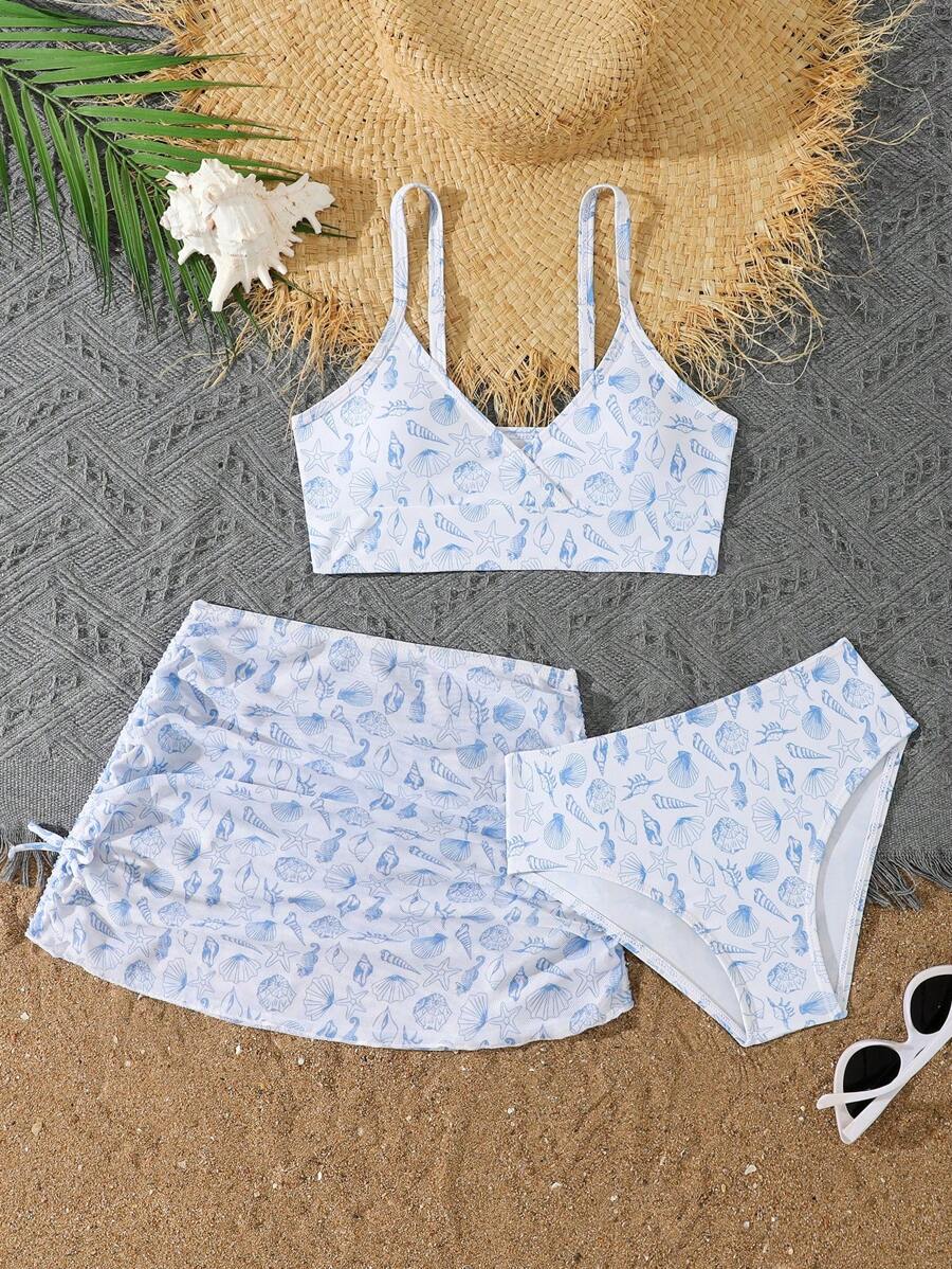 3件套女童印花分体泳衣小女孩夏季服装夏季衣服套装夏季女童套装女童夏季套装 - 藍色 - 查看 1