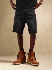SUMWON Vintage Denim Bermuda Shorts Raw Edge Cutoff Design Distressed Summer Casual Knee Length Dark Wash Jean Shorts High Waist - Black - View 4