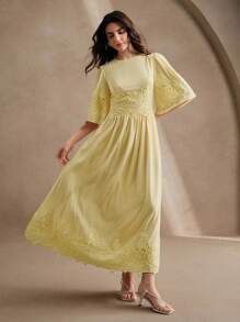 Anewsta New French Elegant Round Neck Patchwork Lace Ruffle 3/4 Sleeve Chiffon Slim Fit Midi Dress, Spring/Summer