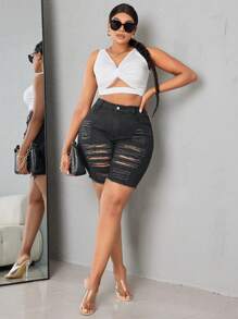 SHEIN SXY Plus Size Women Black Denim Elastic Skinny Ripped Sexy Shorts - Dark Grey - View 4