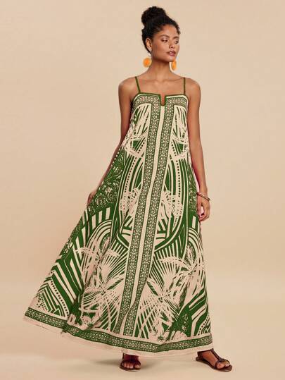 Travachic Women's Loose Spaghetti Strap Dress With Palm Tree Prints, For Vacation,Bohemian Clothes Vacation Dress
