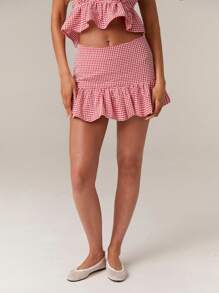 Athîral Falda corta evasé con volantes en el bajo a cuadros para mujer - Rojo y blanco - Ver 5
