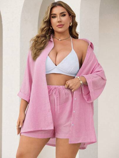 Swim Vcay 2pcs Set Women Blue & White Striped 3/4 Sleeve Shirt And Shorts, Plus Size Summer Beachwear Casual Country Concert Outfit Coverup