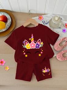 SHEIN 女婴休闲简约短袖短裤套装，适合夏季