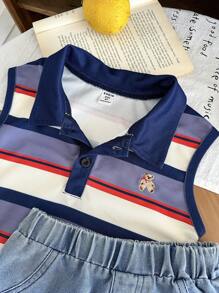 SHEIN Toddler Boys 2pcs Summer Set, Collared Sleeveless Striped Bear Embroidery Vest Top Paired With Denim Shorts, Crisp Fit For Outdoor, Casual, Party Occasions - Multicolor - View 8