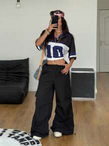 Coolane 女士春夏街头潮流情侣同款休闲V领落肩字母印花宽松休闲运动T恤 - 彩色 - 查看 6