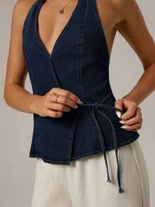 SHEIN Forever 21 Áo yếm denim không tay buộc dây bên hông cho nữ, thời trang mùa hè - Xanh đậm - Xem 5