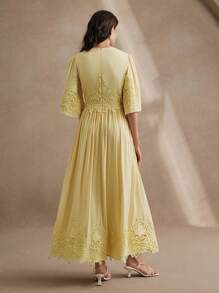 Anewsta New French Elegant Round Neck Patchwork Lace Ruffle 3/4 Sleeve Chiffon Slim Fit Midi Dress, Spring/Summer