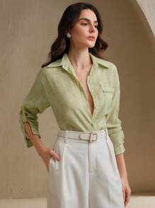 Anewsta Women's Floral Print Chiffon Studded Elegant Classic Loose Blouse, Old Money, Modest, Spring - Green - View 4