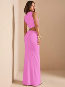 SHEIN BAE 2pcs Knit Set: Sleeveless Asymmetrical Twist Pleat Shoulder Tank Top And Low Waist Ruched Pencil Skirt, White, Suitable For Wedding Bridesmaid, Back To School, Graduation, Vacation - Pink - View 2