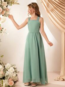 少女法式腰带 A 字裙，派对婚礼优雅花童伴娘度假连衣裙 - 綠色 - 查看 3
