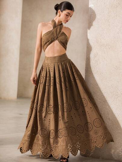 GENKIRA 性感法式少女交叉吊带高腰刺绣镂空荷叶边半身裙两件套女夏季度假装