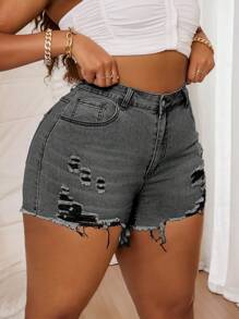 SHEIN SXY Plus Size Women Stretch Denim Ripped Sexy Shorts