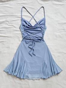 Soleia Vestido mini para mujer de estilo vacacional, con tirantes de espagueti, cuello drapeado, espalda descubierta, lazo, cola de pez, estilo sexy, para el té, pasear, romántico, cita, atuendo de playa, malla, joven, estilo juvenil