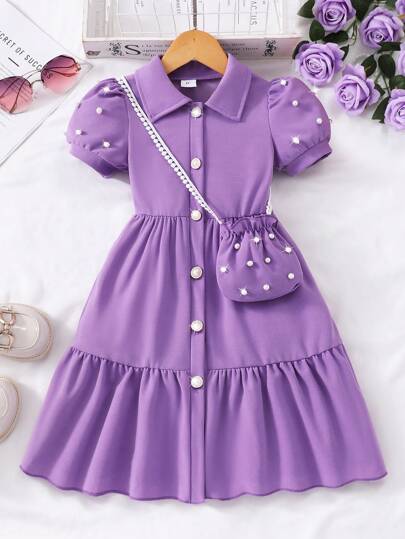 Elladie kids Young Girl Solid Color Turndown Collar Puff Sleeve Cardigan Dress With Mini Bag, Summer