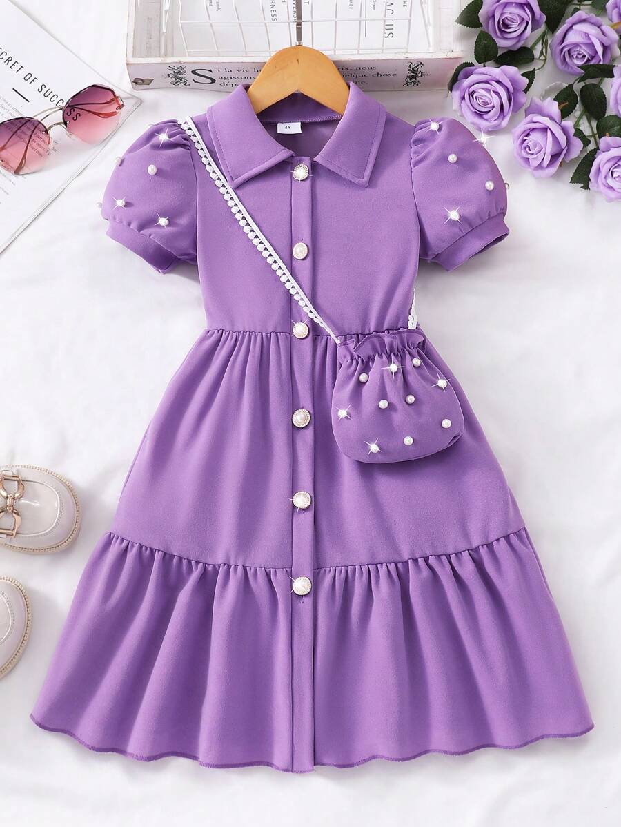 Elladie kids 少女纯色翻领泡泡袖开衫连衣裙（配迷你包）夏季 - 紫色 - 查看 1