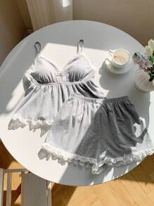 Comfortcana 大码女式两件套针织加厚吊带背心和蕾丝边短裤套装，夏季