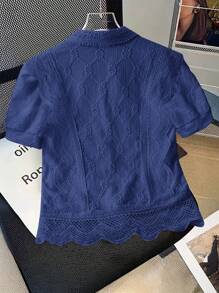 SHEIN Clasi 女士休闲纯色镂空刺绣前扣短袖衬衫 - 寶藍色 - 查看 2