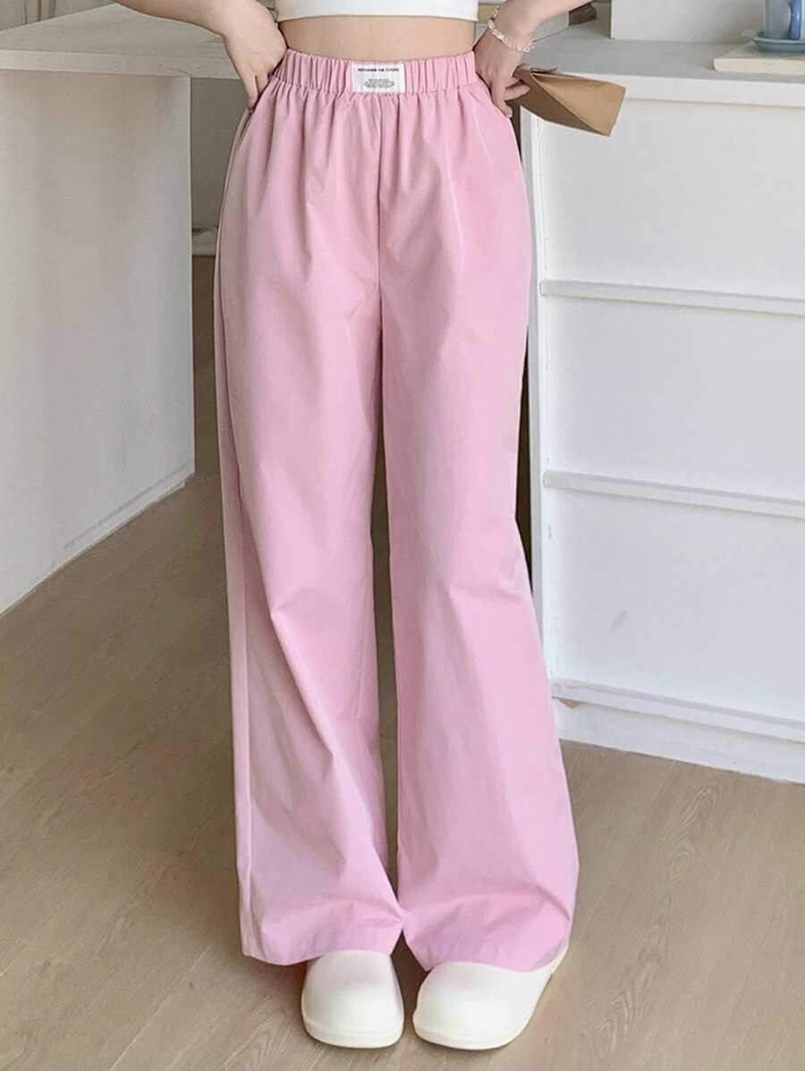 SHEIN 少女粉色休闲百搭编织腰带编织标签装饰长裤,适合居家休闲 - 粉色 - 查看 1
