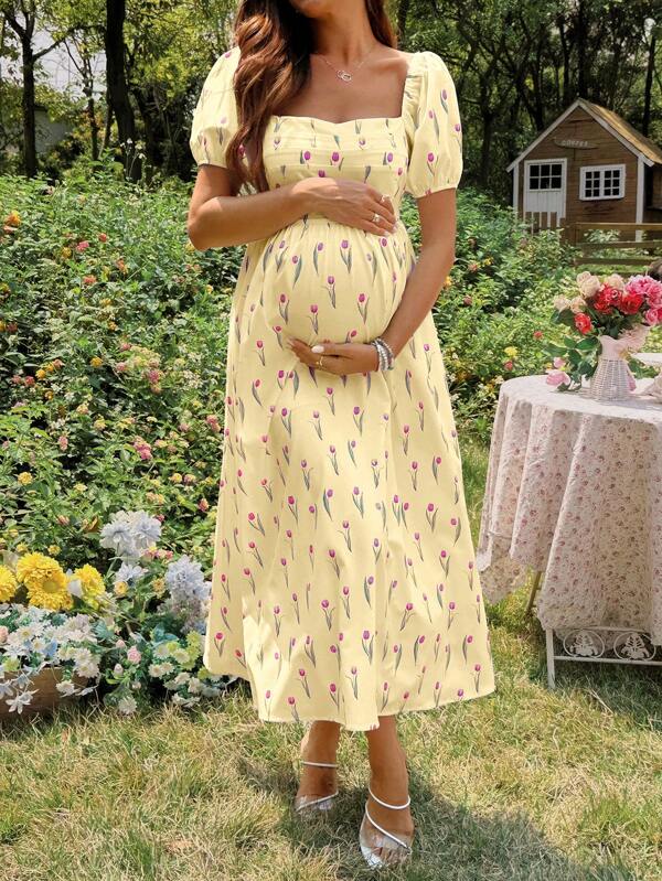 SHEIN Rochie elegantă de maternitate cu imprimeu floral Tulip, pentru vară