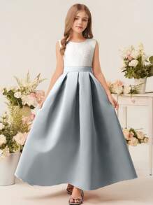 女童缎面 A 字形公主裙，无袖圆领，优雅连衣裙，适合婚礼活动、生日派对、节日、花童和伴娘 - 霧霾藍 - 查看 5