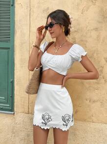 SHEIN Frenchy 女式夏季 100% 纯棉花卉刺绣波浪休闲迷你裙，休闲时尚，适合日常穿着，优雅，7 月 4 日毕业假期西部装女式海滩度假简约通勤/办公室休闲裙