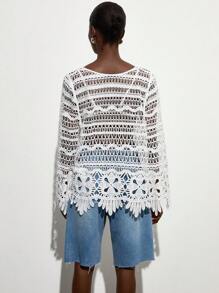 SHEIN Privé Hollow Out Crochet Crew Neck Long Sleeve Women Blouse Fall Cloth For Women - White - View 2