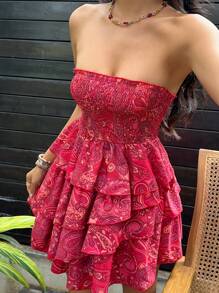 Sunnyshic Women's Summer Casual/Holiday Dark Paisley Print Layered Asymmetrical Ruffle Hem Mini Dress