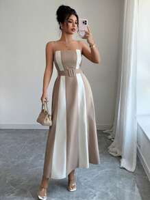 Elenzga Vestido de cóctel de media pierna con decoración de botones y bloque de color, elegante para la oficina/vacaciones, de tela similar al lino, apropiado para el Día de la Independencia, graduación