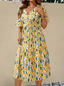 SHEIN Clasi Robe décontractée à imprimé floral col V et ourlet inégal pour les grandes tailles, pour les sorties, les thés et les réunions - Multicolore - Voir 3