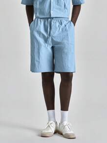 Ontre 2025 Summer Men Solid Color Elastic Waist Drawstring Pockets Cargo Shorts, American Flag Print Shorts Suitable For Independence Day, St. John's Day, Graduation Occasions, Casual Daily Wear, Cute Summer Shorts For Men, Vacation, Beach, Leisure, Sports - Blue - View 1