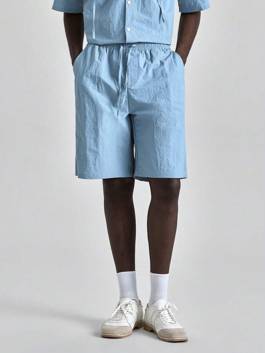 Ontre 2025 Summer Men Solid Color Elastic Waist Drawstring Pockets Cargo Shorts, American Flag Print Shorts Suitable For Independence Day, St. John's Day, Graduation Occasions, Casual Daily Wear, Cute Summer Shorts For Men, Vacation, Beach, Leisure, Sports - Blue - View 1