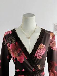 INAWLY Women's Floral Contrast Lace Bell Sleeve Fashion Vacation Blouse - Brown - View 5