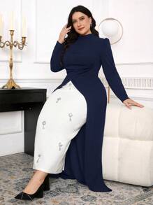 Modelyn 大码女式立领泡泡袖开衩下摆优雅连衣裙 - 藏蓝色 - 查看 1