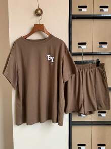 Dazy Plus Letter Print Crew Neck Loose Short Sleeve Top And Shorts Pajama Set