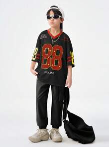 SHEIN Teenager Spring/Summer Simple Print Short Sleeve T-Shirt,Jersey T-Shirt - Black - View 3