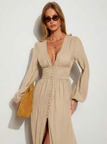 COSMINA Women's Elegant Brown High Slit Long Sleeve Dress, Suitable For Resort Vacation, Spring/Summer,Business Casual Woman Maxi Dress Long Sleeve - Apricot - View 4