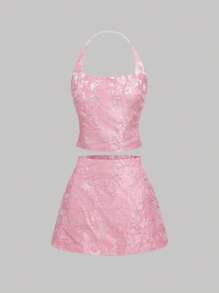 SHEIN MOD 2 件女式装饰链条吊带提花针织上衣和迷你裙套装 - 粉色 - 查看 1