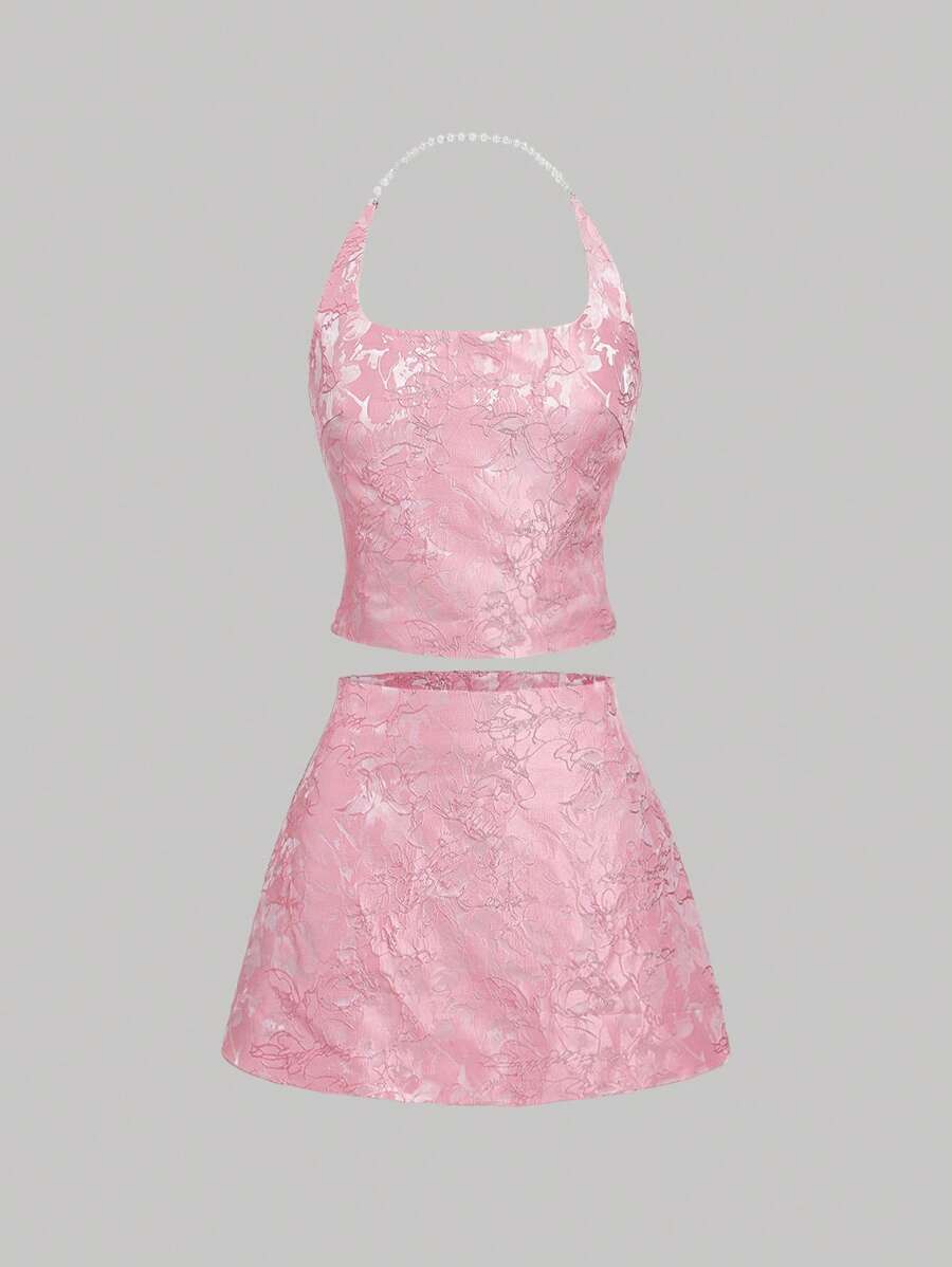 SHEIN MOD 2 件女式装饰链条吊带提花针织上衣和迷你裙套装 - 粉色 - 查看 1