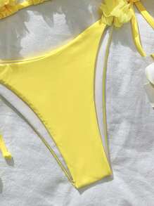 Swim Mod Solid Color Patch Halter Knotted Bikini Swimsuit For Summer Beach Vacation - Yellow - View 7