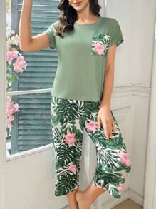 SHEIN Set de pijamale casual cu mânecă scurtă și pantaloni Capri cu buzunare contrastante pentru femei, pantaloni de pijama, set de pijama scurt pentru femei, seturi de noapte casual pentru femei - Multicolor - Vizualizare 1