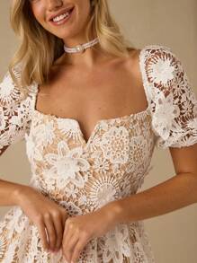 Enchnt 春夏浪漫女士夏季短袖蕾丝透视性感镂空领口优雅迷你连衣裙，甜美优雅，适合度假、约会、节日、派对、毕业典礼、婚礼宾客和海滩，舞会礼服，女士夏季连衣裙，女士太阳裙，夏季服装，优雅的派对连衣裙 - 白色 - 查看 2