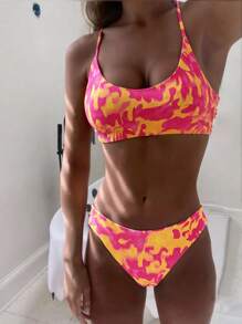 Swim Lushoire 2pcs Springbreak Summer New Spaghetti Strap Criss-Cross Tie Random Print Bohemian Women Bikini Set