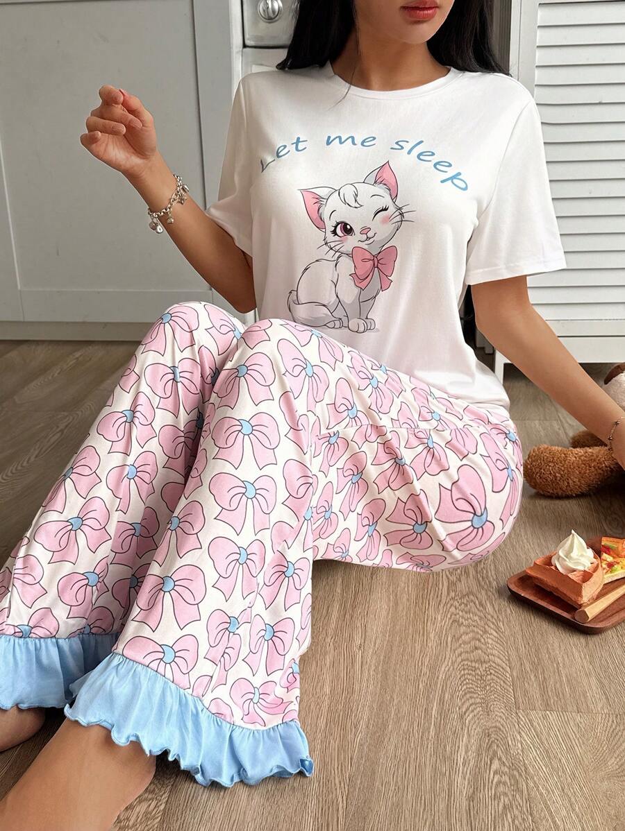 Eraneu Cute Cat Print Short Sleeve Top And Bow Print Long Pants Pajama Set Bowknot Bow Tie  Cozy And Elegant Details - White - View 1