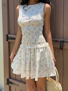SHEIN EZwear Summer Casual Vacation Floral Print Sleeveless Waist Cinching Mini Dress For Women - Multicolor - View 3