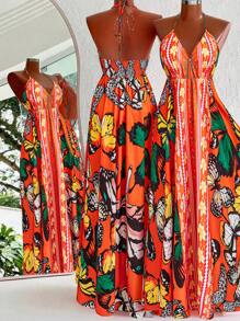Flirla Vestido de playa estilo boho, vestido bohemio casual elegante con tirantes finos, vestido estampado con mariposas para fotografía de vacaciones en la isla, vestido de tirantes finos para mujeres - Multicolor - Ver 2