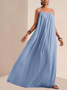 Zivah 2025年夏季新款音乐节、复活节、圣帕特里克节、西部风、游牧风、生日派对庆典、毕业季、学生装、日常休闲、度假、邮轮旅行、海滩、日光浴、网红流行可调节肩带、垂直罗纹纹理、宽松版型、卡其色女装连衣裙 - 藍色 - 查看 7