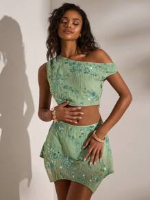 Opulessa 亮片极简主义不对称下摆夏季度假裙女士灰绿色裙子